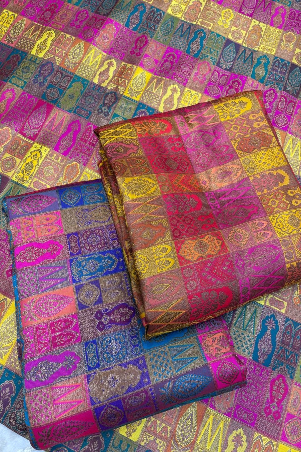 Multicolored & Multi Woven Motifs On Pure Banaras Katan Satin Silk Fabric
