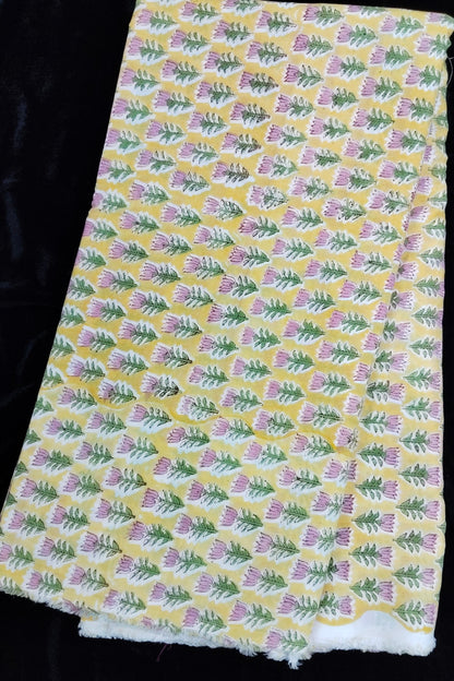 Miniature Lotus Sanganeri Printed Pure Cotton Fabric