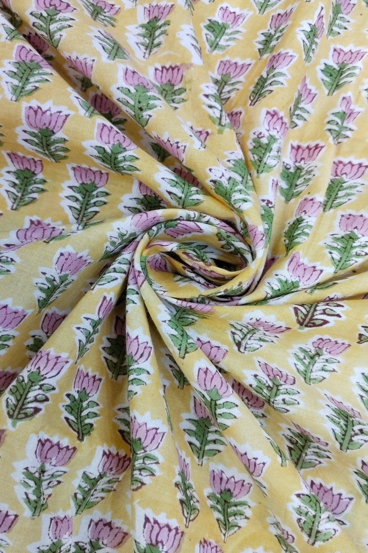 Miniature Lotus Sanganeri Printed Pure Cotton Fabric