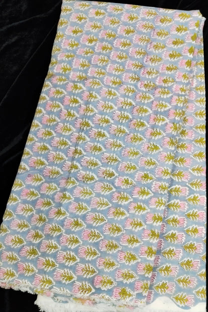 Miniature Lotus Sanganeri Printed Pure Cotton Fabric
