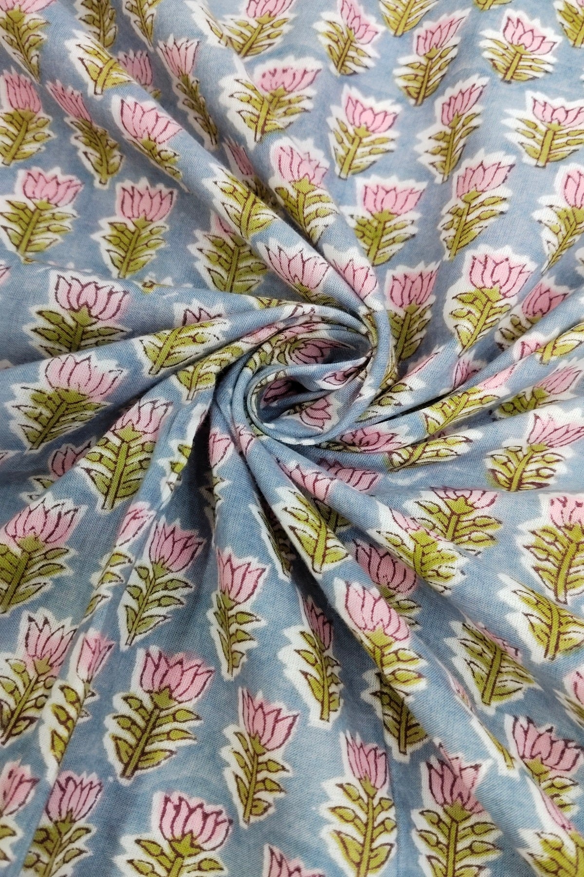 Miniature Lotus Sanganeri Printed Pure Cotton Fabric