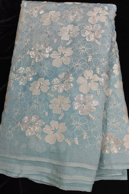 Scattered Thread & Sequins Floral Embroidered Pure Mul chanderi Fabric