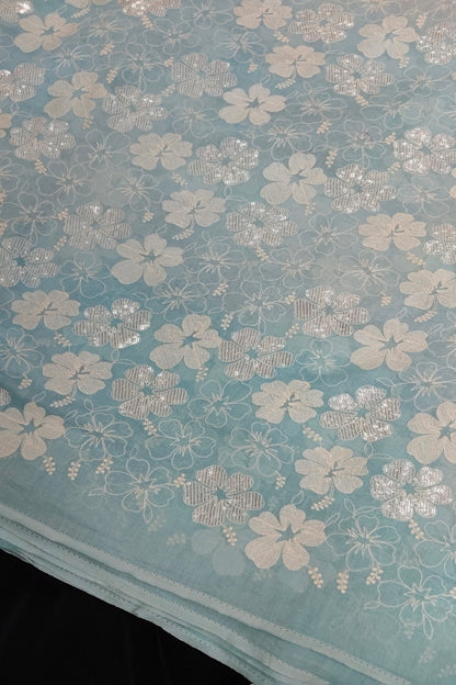 Scattered Thread & Sequins Floral Embroidered Pure Mul chanderi Fabric
