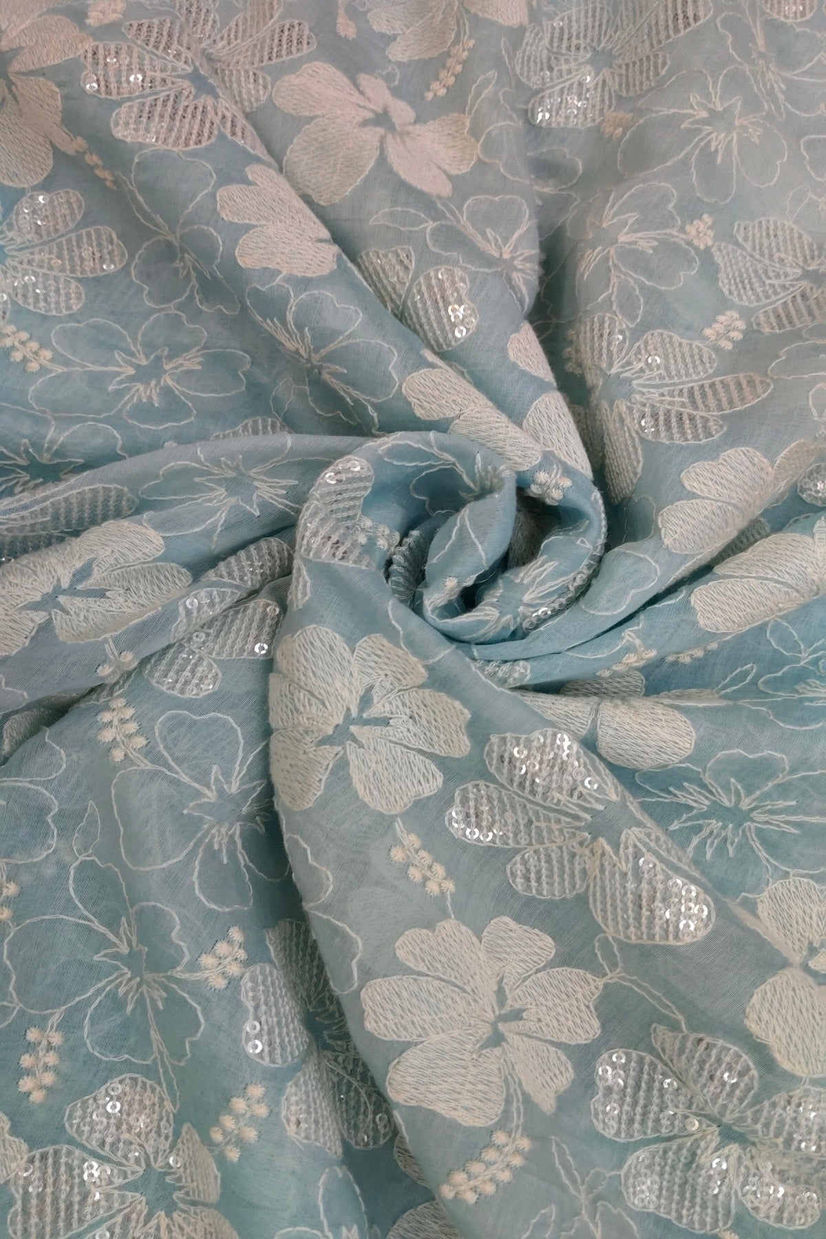 Scattered Thread & Sequins Floral Embroidered Pure Mul chanderi Fabric