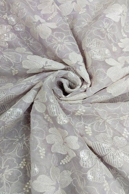 Scattered Thread & Sequins Floral Embroidered Pure Mul chanderi Fabric