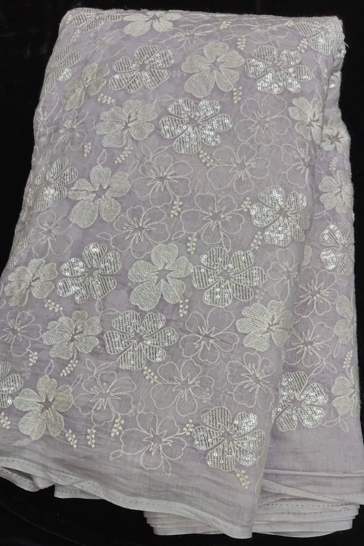 Scattered Thread & Sequins Floral Embroidered Pure Mul chanderi Fabric