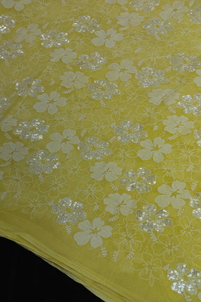 Scattered Thread & Sequins Floral Embroidered Pure Mul chanderi Fabric