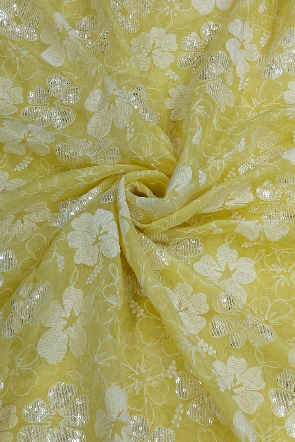 Scattered Thread & Sequins Floral Embroidered Pure Mul chanderi Fabric