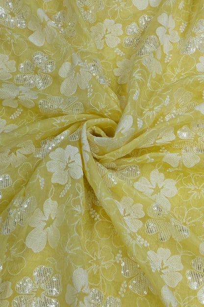 Scattered Thread & Sequins Floral Embroidered Pure Mul chanderi Fabric