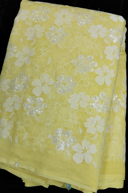 Scattered Thread & Sequins Floral Embroidered Pure Mul chanderi Fabric