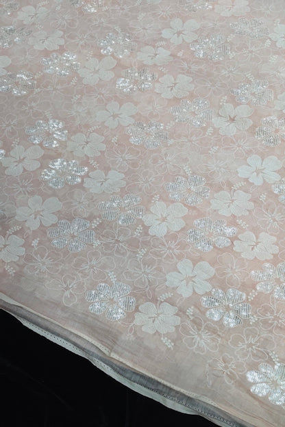 Scattered Thread & Sequins Floral Embroidered Pure Mul chanderi Fabric