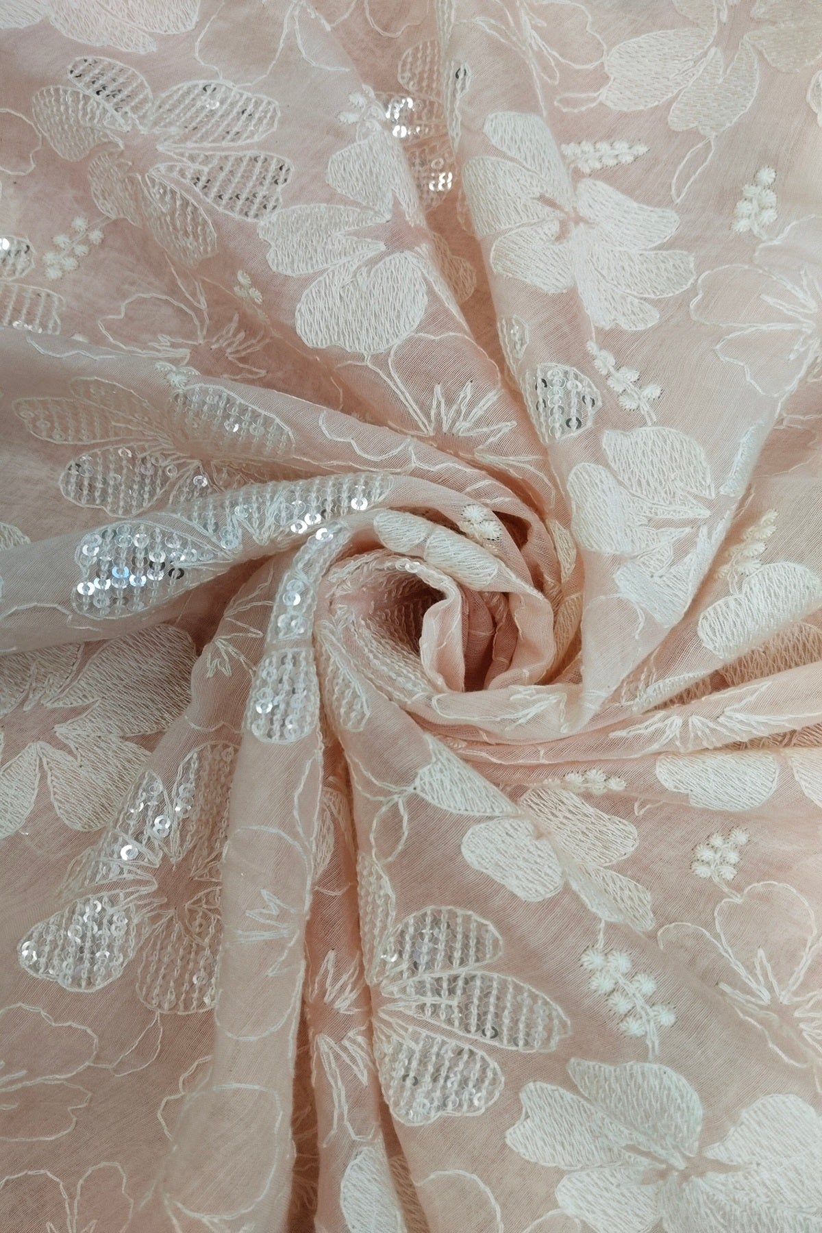 Scattered Thread & Sequins Floral Embroidered Pure Mul chanderi Fabric
