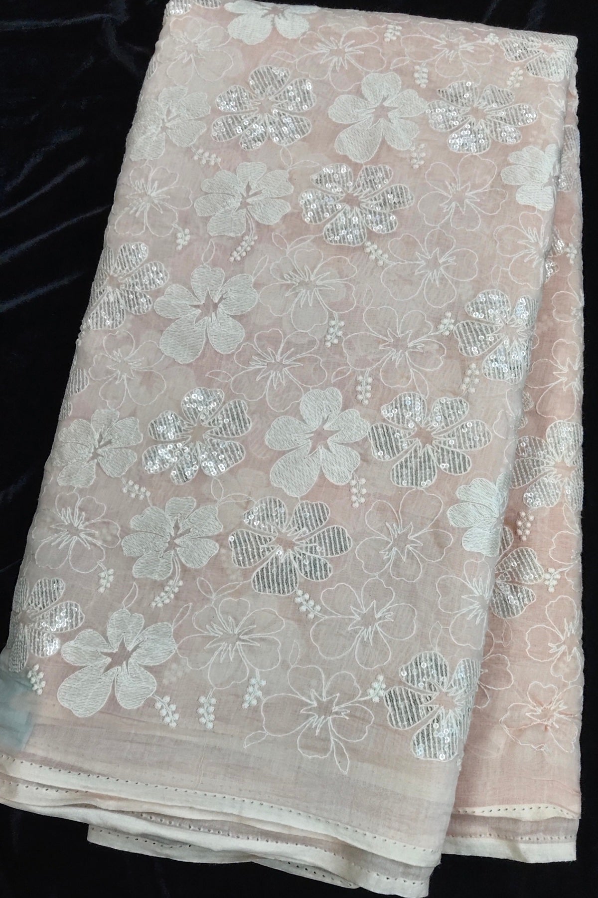 Scattered Thread & Sequins Floral Embroidered Pure Mul chanderi Fabric