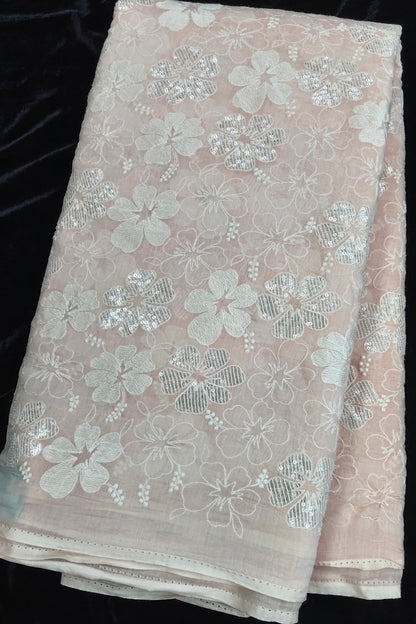 Scattered Thread & Sequins Floral Embroidered Pure Mul chanderi Fabric