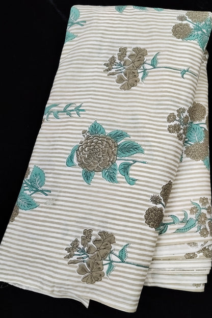 Horizontal Lines with Scattered Floral Butas Pure Cotton Fabric