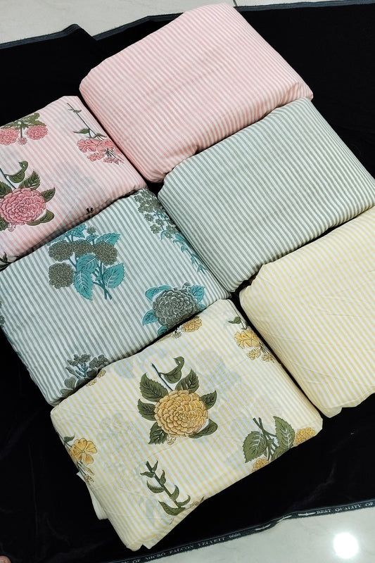 Horizontal Lines with Scattered Floral Butas Pure Cotton Fabric