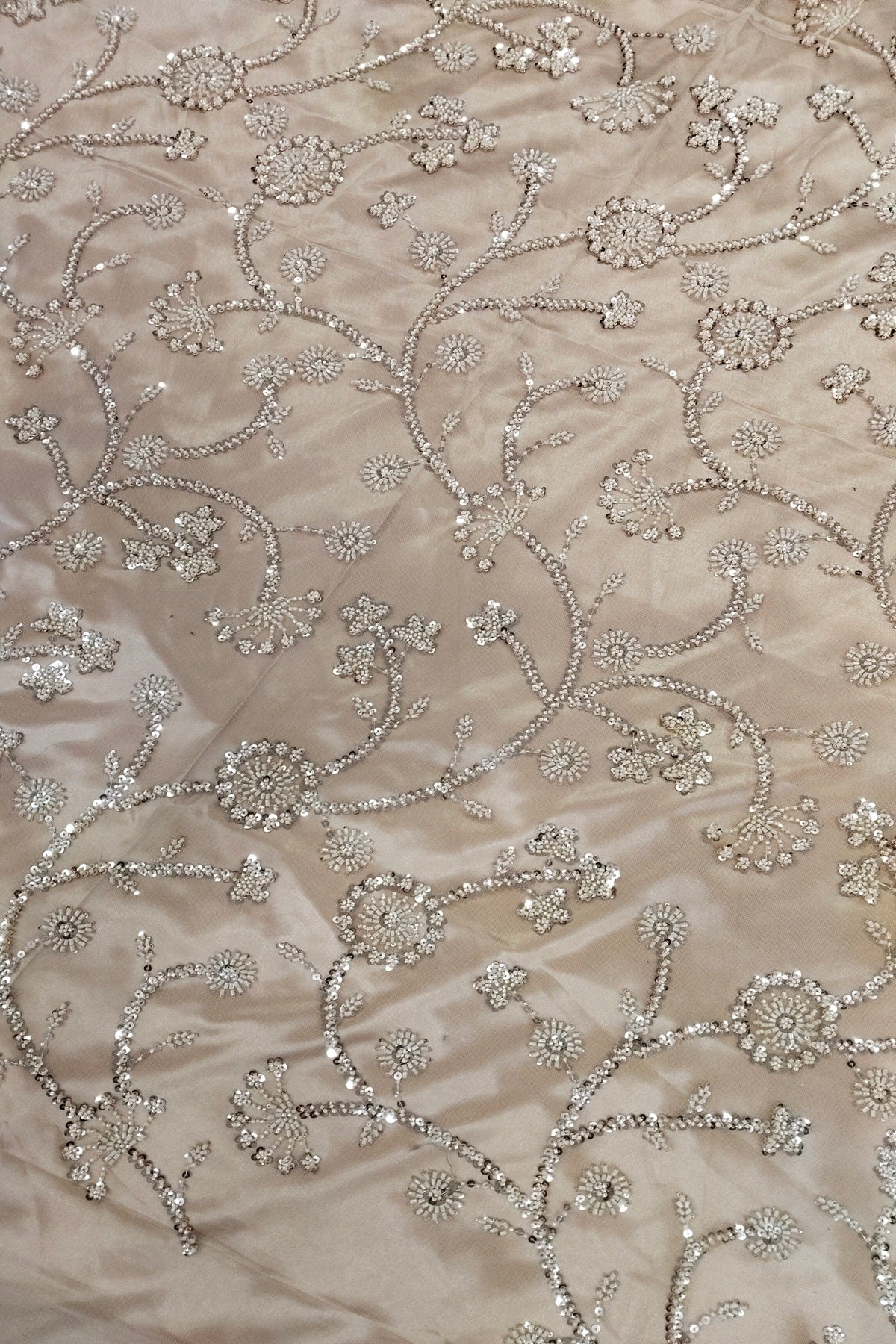 Self Coloured Sequins & Cutbeads Floral Lattice Embroidered Net Fabric