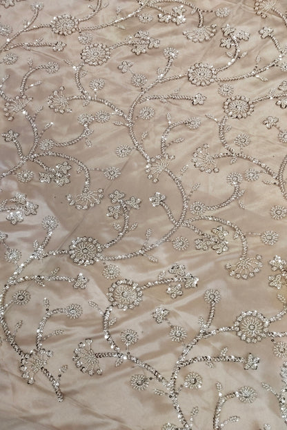 Self Coloured Sequins & Cutbeads Floral Lattice Embroidered Net Fabric