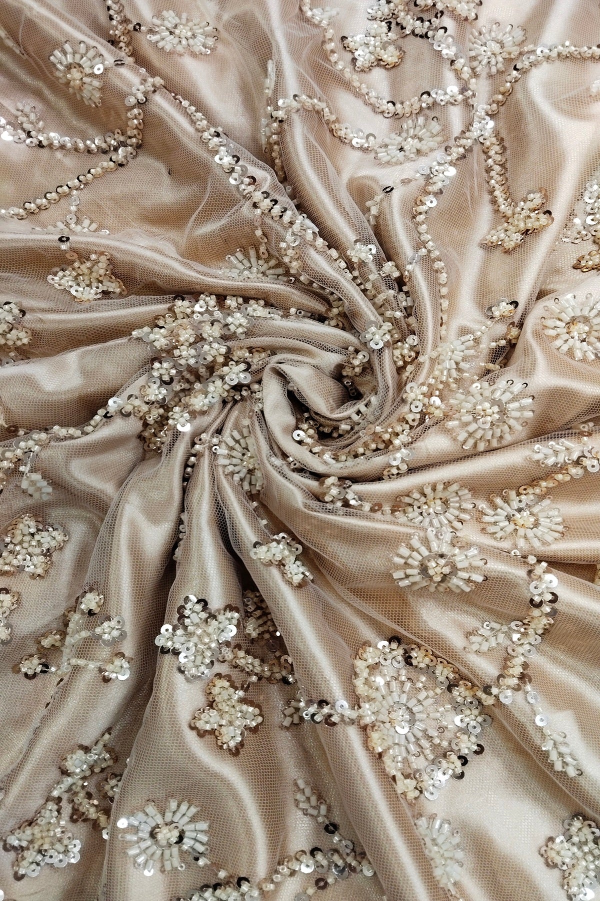 Self Coloured Sequins & Cutbeads Floral Lattice Embroidered Net Fabric