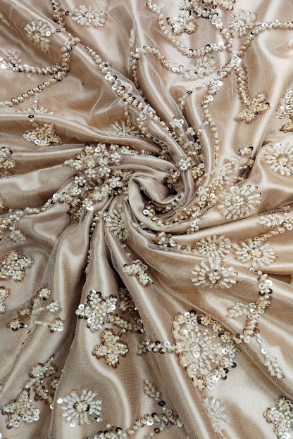 Self Coloured Sequins & Cutbeads Floral Lattice Embroidered Net Fabric