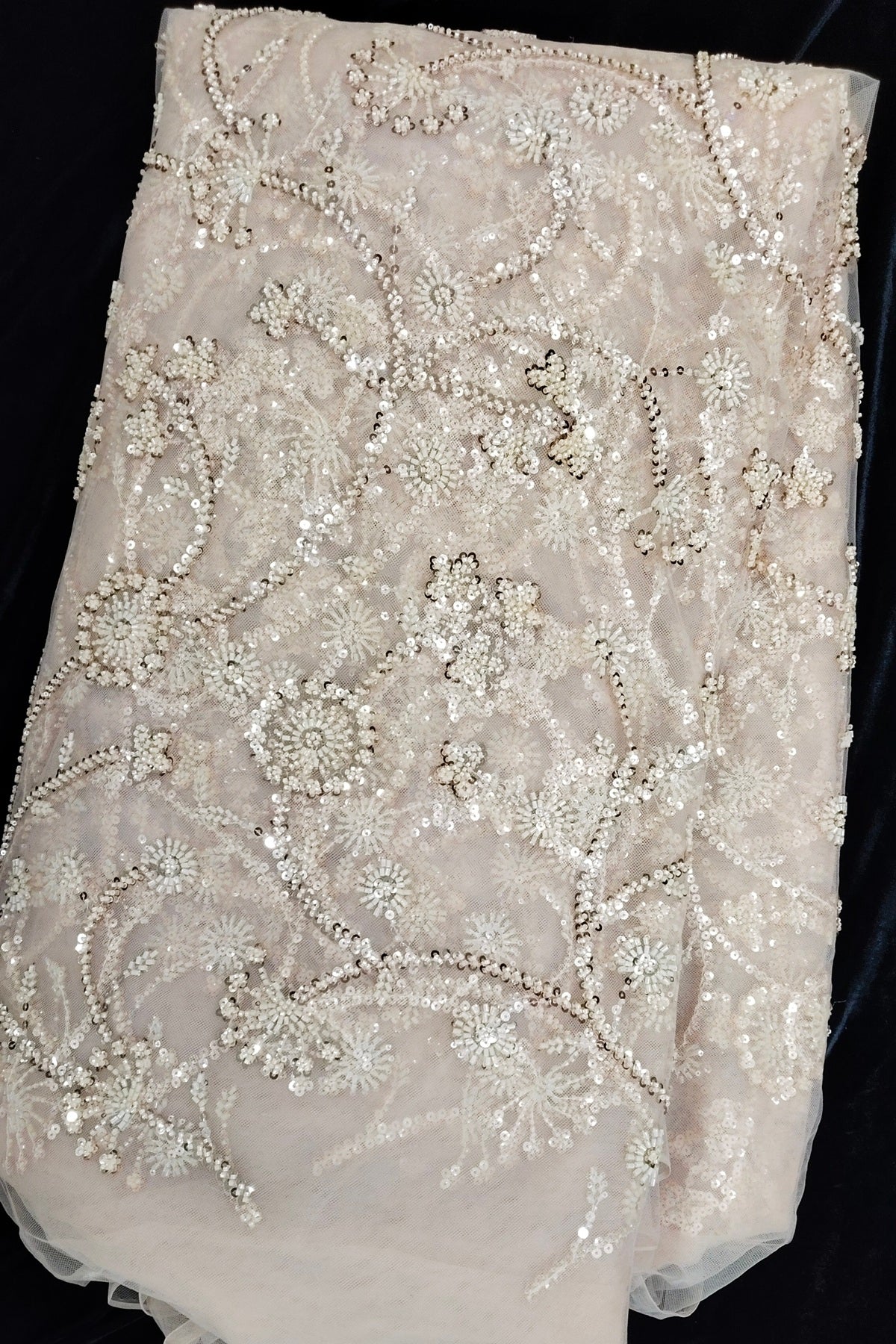 Self Coloured Sequins & Cutbeads Floral Lattice Embroidered Net Fabric