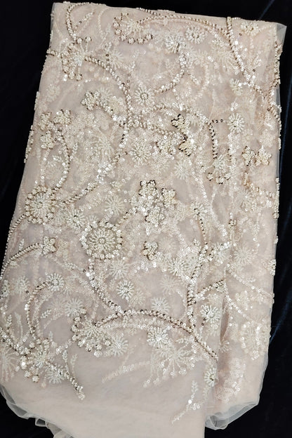 Self Coloured Sequins & Cutbeads Floral Lattice Embroidered Net Fabric