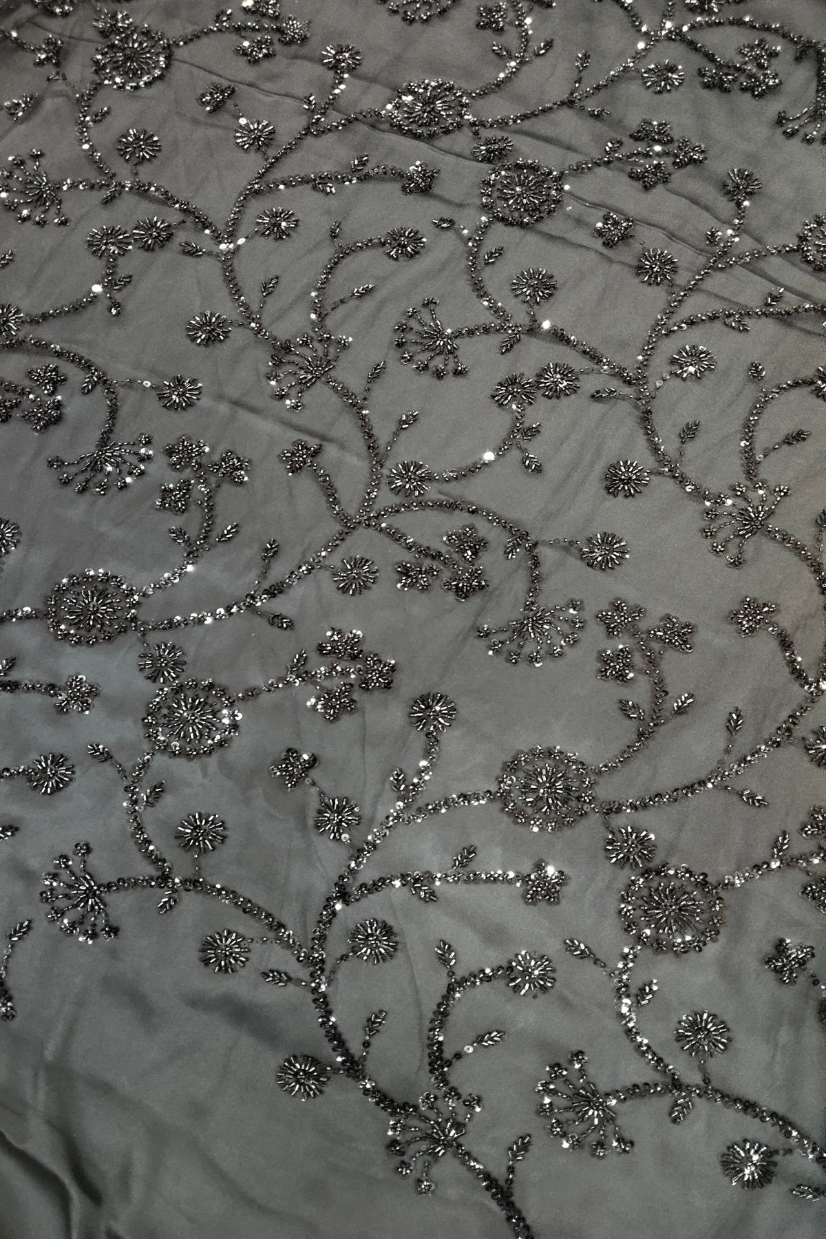 Self Coloured Sequins & Cutbeads Floral Lattice Embroidered Net Fabric