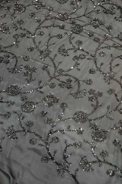 Self Coloured Sequins & Cutbeads Floral Lattice Embroidered Net Fabric