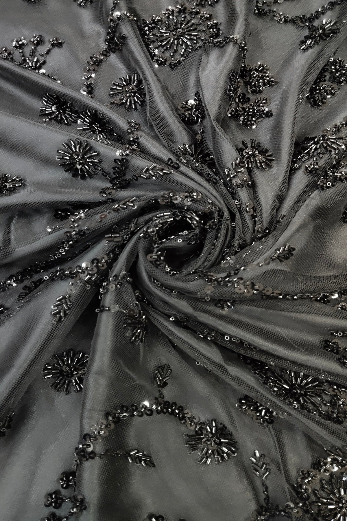 Self Coloured Sequins & Cutbeads Floral Lattice Embroidered Net Fabric