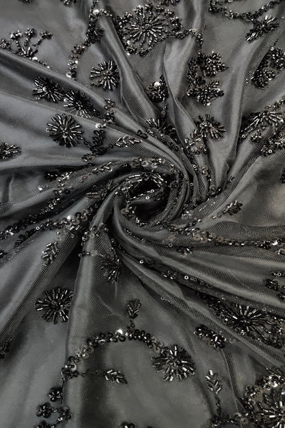 Self Coloured Sequins & Cutbeads Floral Lattice Embroidered Net Fabric