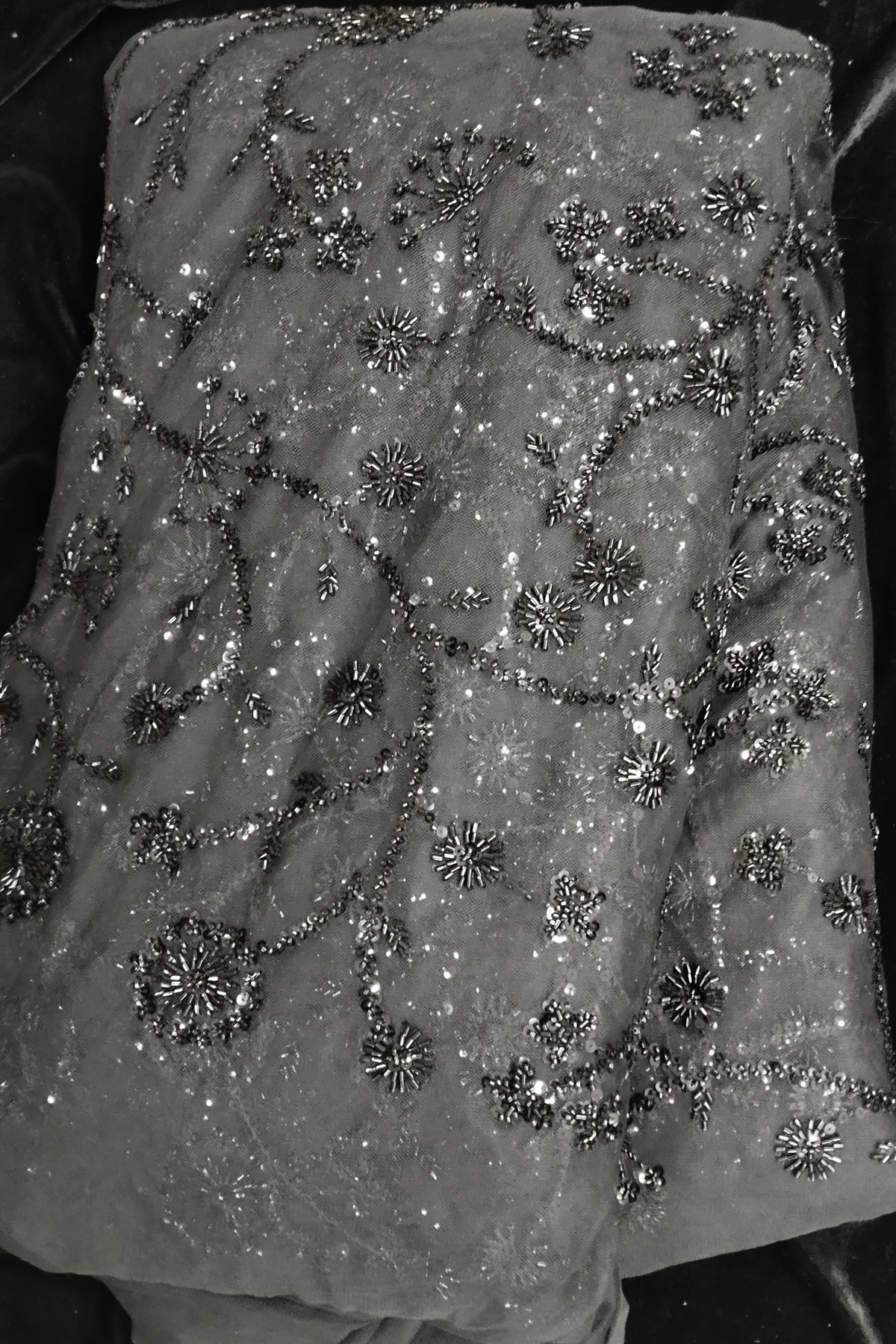 Self Coloured Sequins & Cutbeads Floral Lattice Embroidered Net Fabric