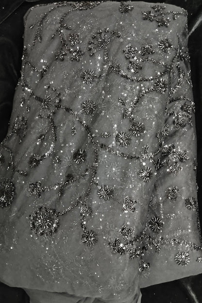 Self Coloured Sequins & Cutbeads Floral Lattice Embroidered Net Fabric