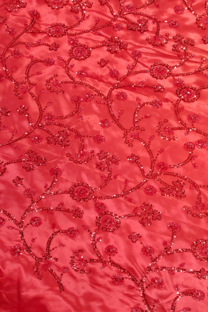 Self Coloured Sequins & Cutbeads Floral Lattice Embroidered Net Fabric