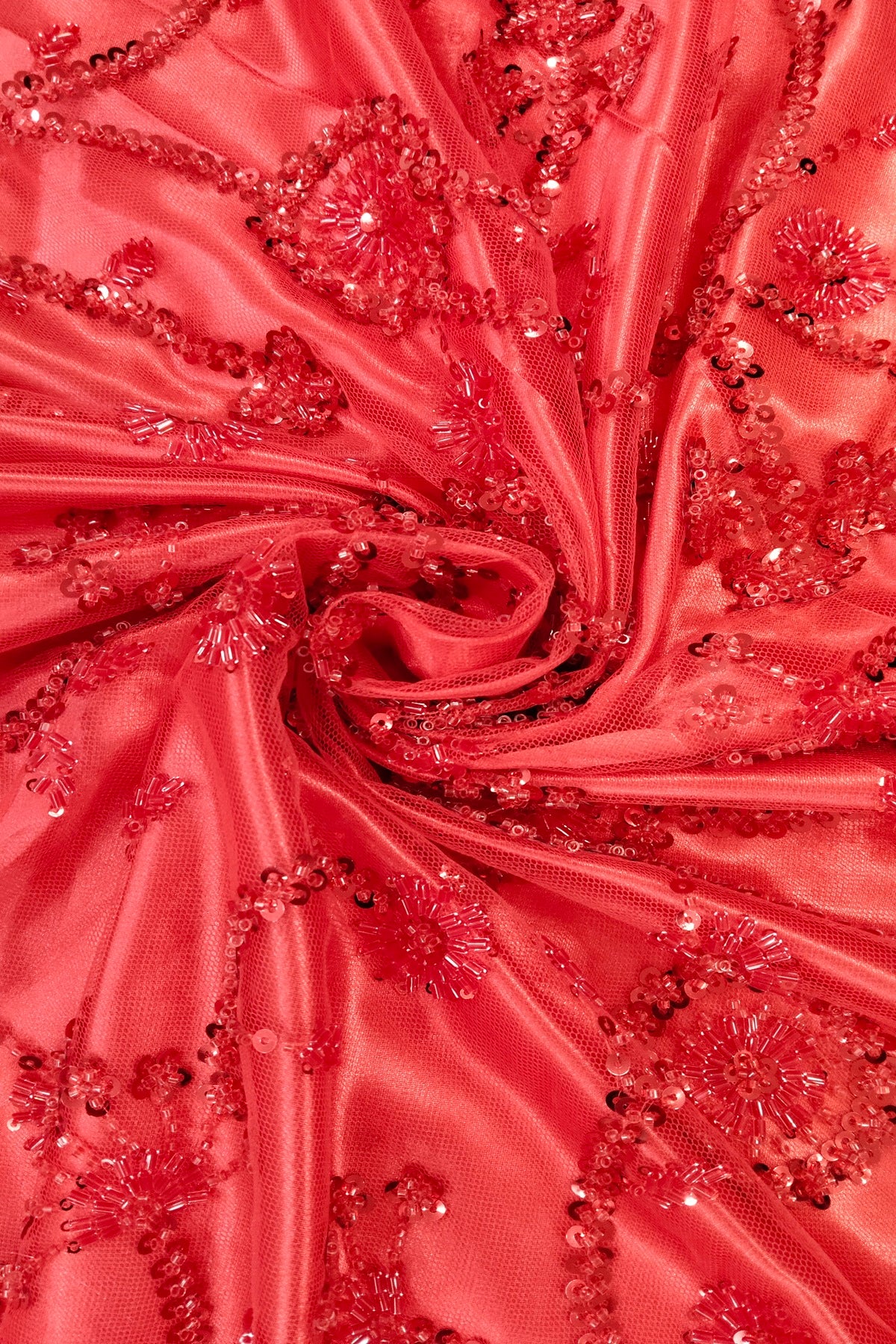 Self Coloured Sequins & Cutbeads Floral Lattice Embroidered Net Fabric