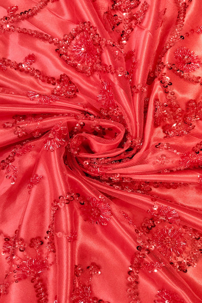 Self Coloured Sequins & Cutbeads Floral Lattice Embroidered Net Fabric