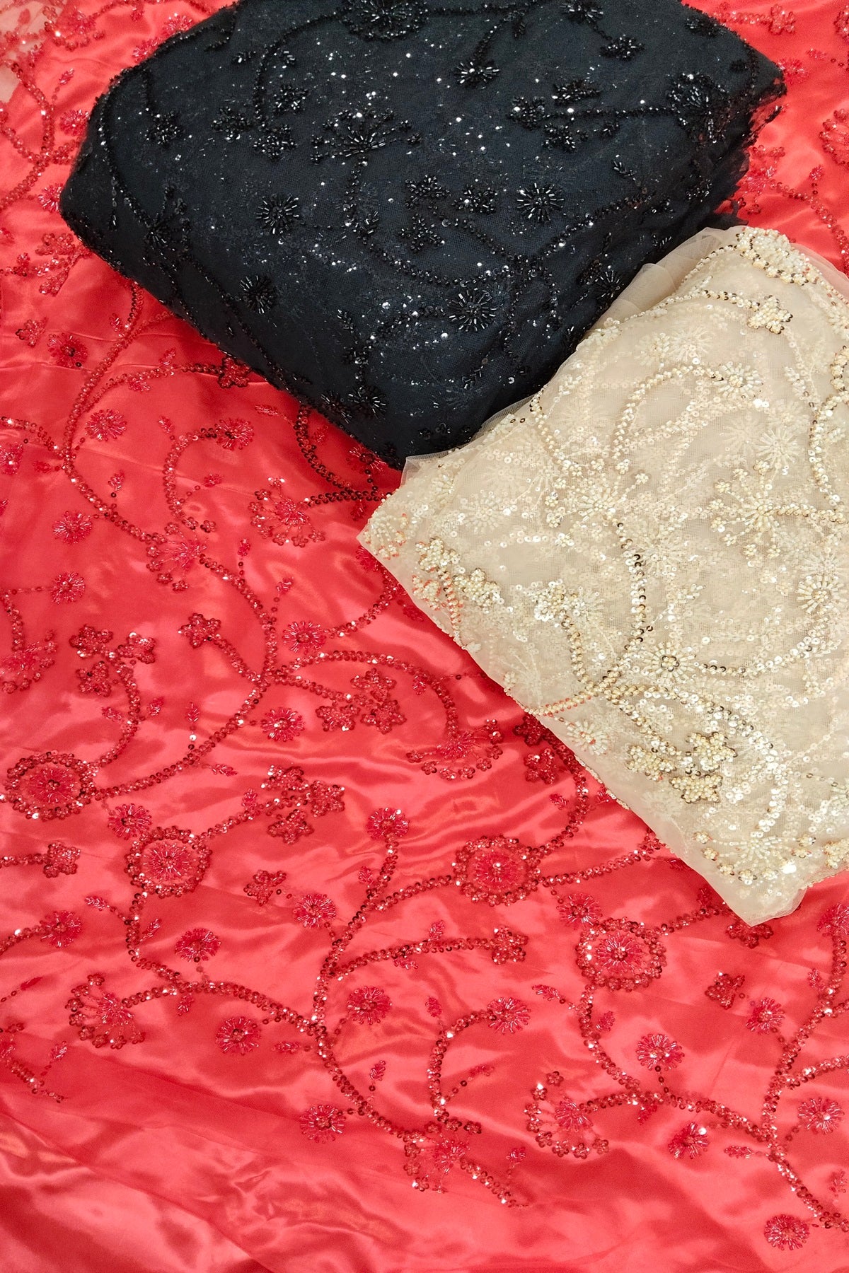 Self Coloured Sequins & Cutbeads Floral Lattice Embroidered Net Fabric