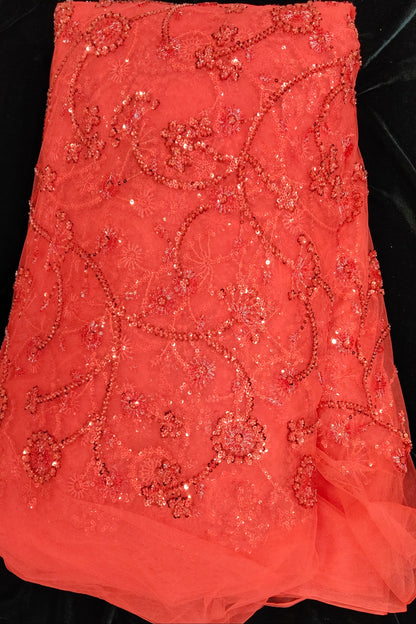 Self Coloured Sequins & Cutbeads Floral Lattice Embroidered Net Fabric