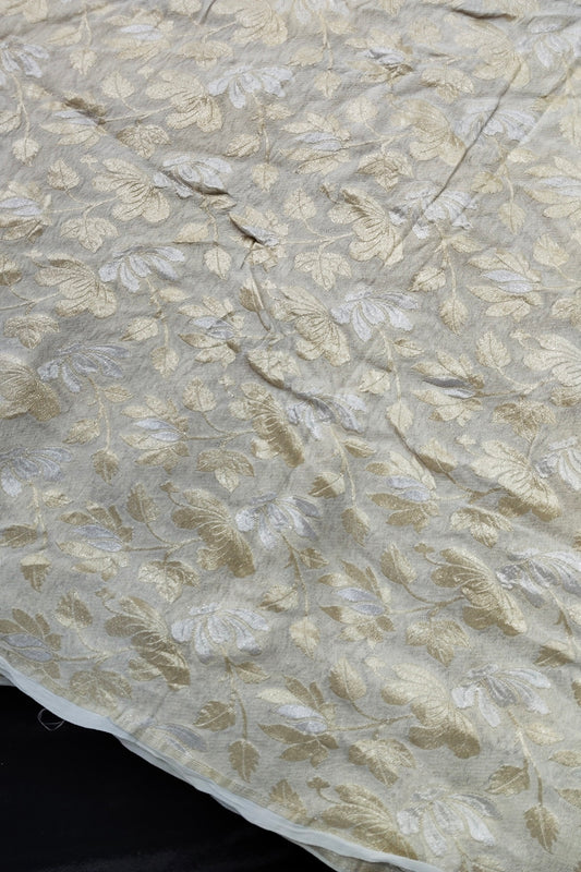 Silver & Golden Lotus Flower Zari Woven Pure Georgette Fabric