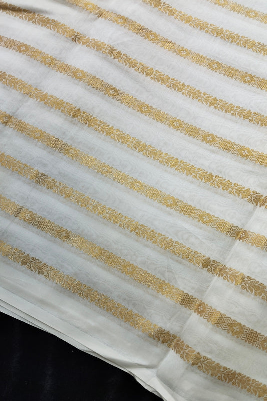 Horizontal Dark Gold Zari Woven Pure Chanderi Fabric