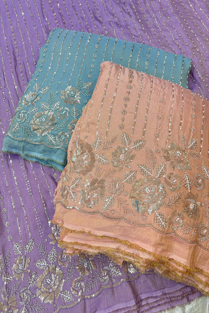 Sequins & Cutbeads Floral Bunches With Vertical Lines Embroidered Uppada Tissue Fabric