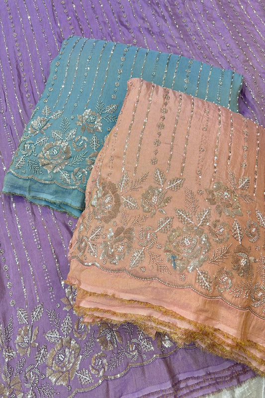 Sequins & Cutbeads Floral Bunches With Vertical Lines Embroidered Uppada Tissue Fabric