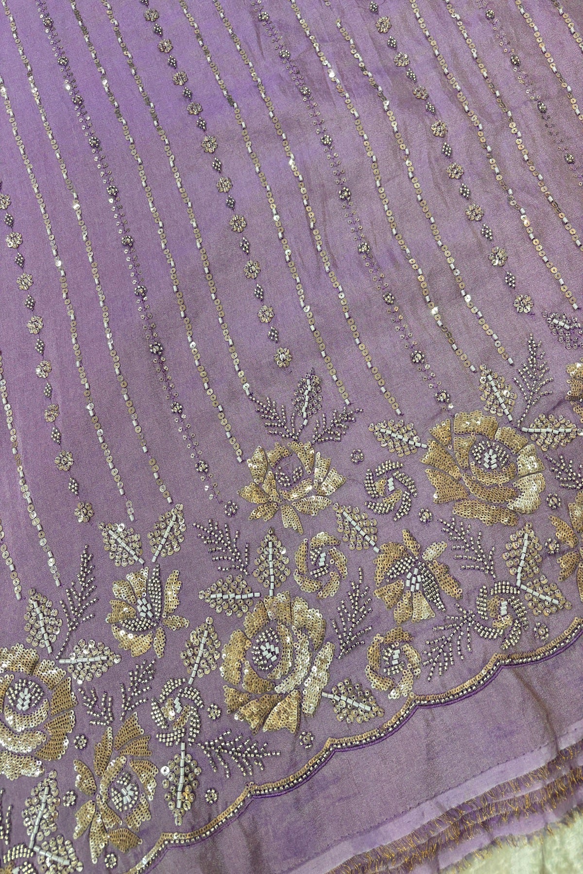 Sequins & Cutbeads Floral Bunches With Vertical Lines Embroidered Uppada Tissue Fabric