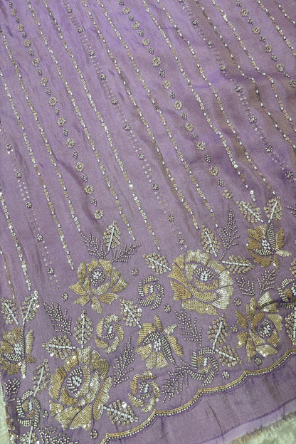 Sequins & Cutbeads Floral Bunches With Vertical Lines Embroidered Uppada Tissue Fabric