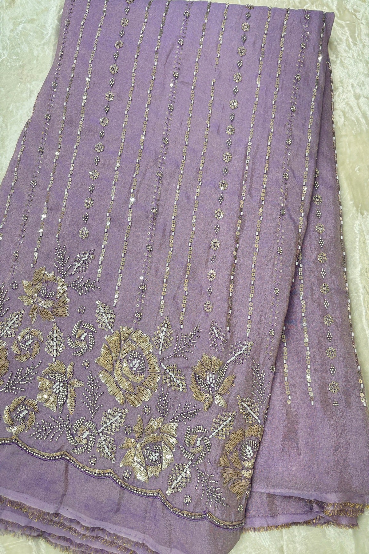 Sequins & Cutbeads Floral Bunches With Vertical Lines Embroidered Uppada Tissue Fabric