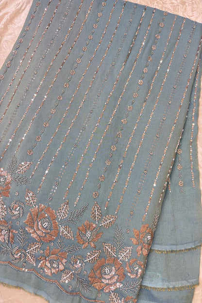 Sequins & Cutbeads Floral Bunches With Vertical Lines Embroidered Uppada Tissue Fabric
