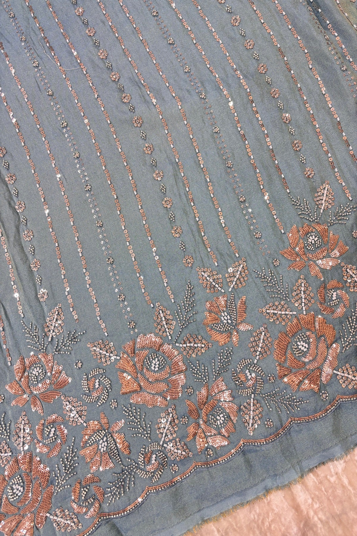 Sequins & Cutbeads Floral Bunches With Vertical Lines Embroidered Uppada Tissue Fabric