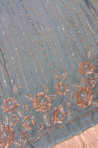 Sequins & Cutbeads Floral Bunches With Vertical Lines Embroidered Uppada Tissue Fabric