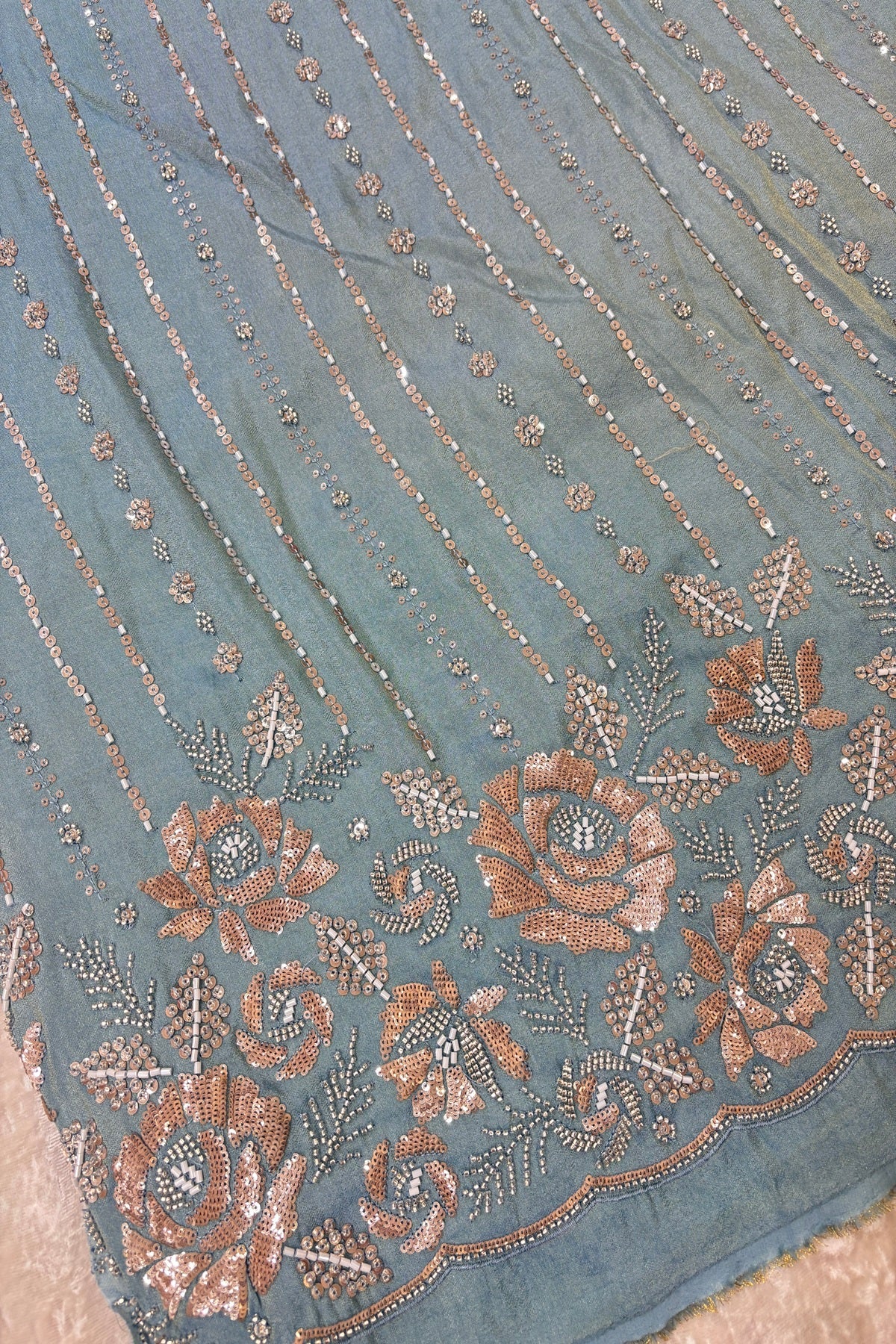 Sequins & Cutbeads Floral Bunches With Vertical Lines Embroidered Uppada Tissue Fabric