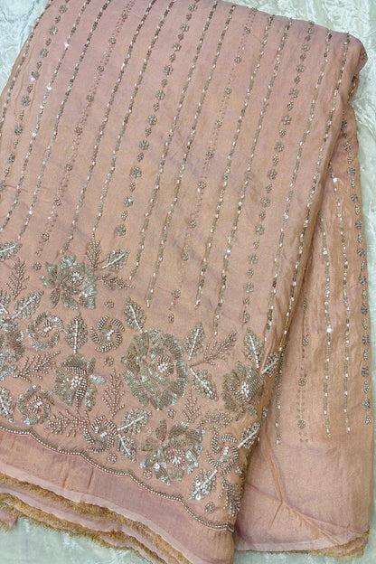 Sequins & Cutbeads Floral Bunches With Vertical Lines Embroidered Uppada Tissue Fabric