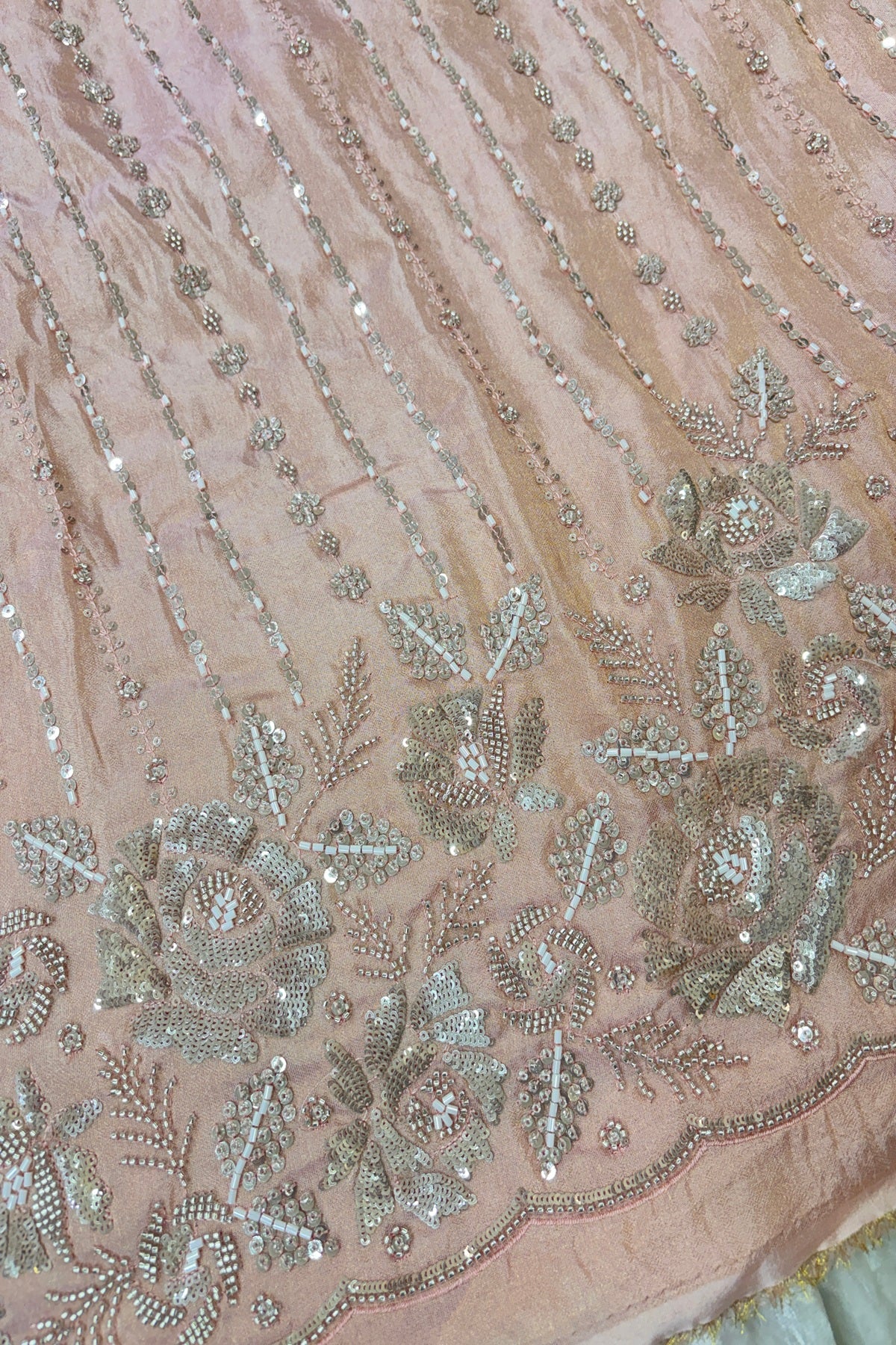 Sequins & Cutbeads Floral Bunches With Vertical Lines Embroidered Uppada Tissue Fabric